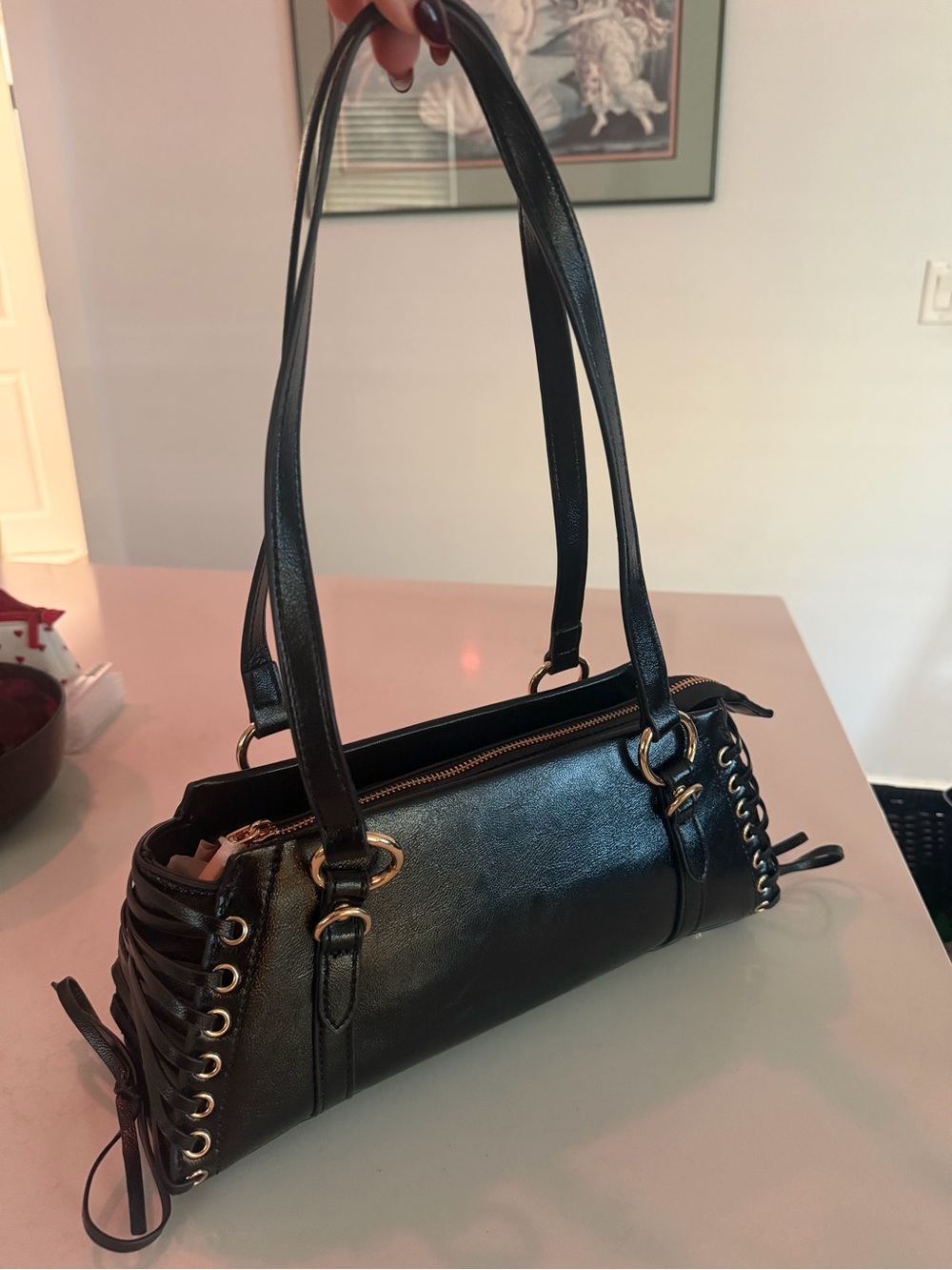 black faux leather bag